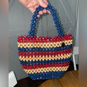 THE SAK Montara Wood Hand-Beaded Small Tote RED BLUE & TAN NWOT
